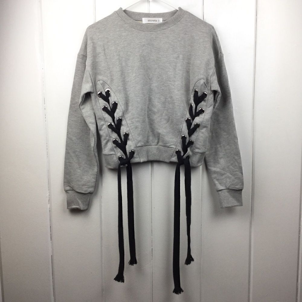 ‎Storets Gray Sweatshirt Cropped Top Black Lace-Up Side, Size - Small